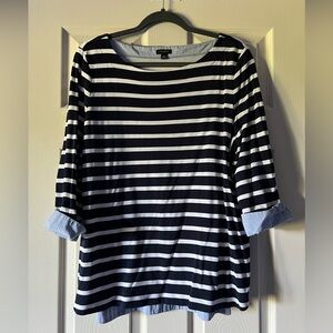 Ann Taylor Navy and White Striped Boat Neck 3/4 Sleeve Tee -   XL